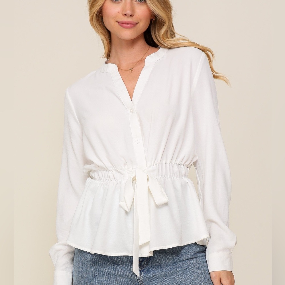 Timing White Long Sleeve Peplum Blouse with Mandarin Collar
